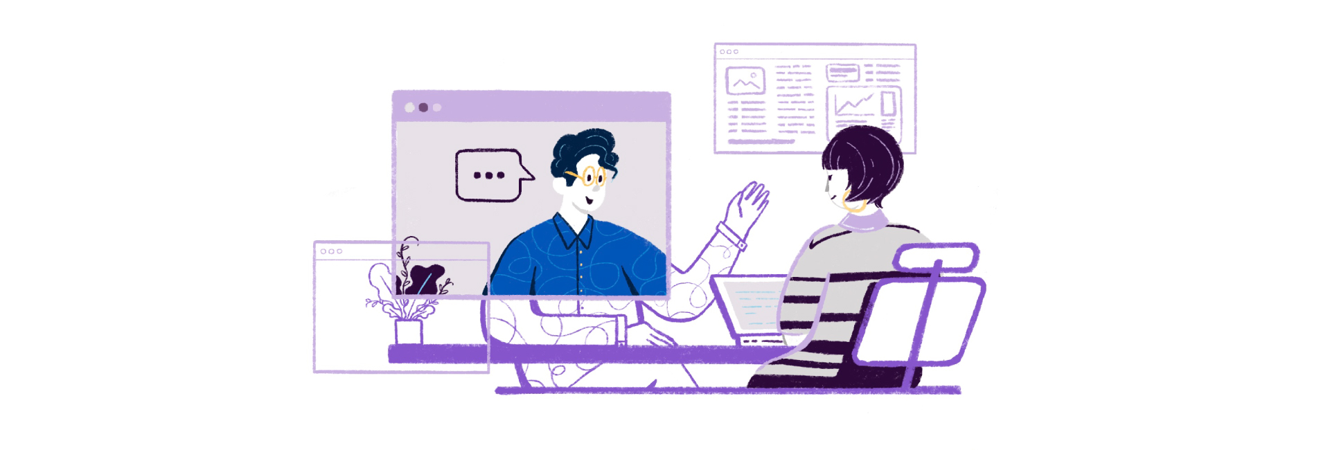 Illustration of two people talking at a desk