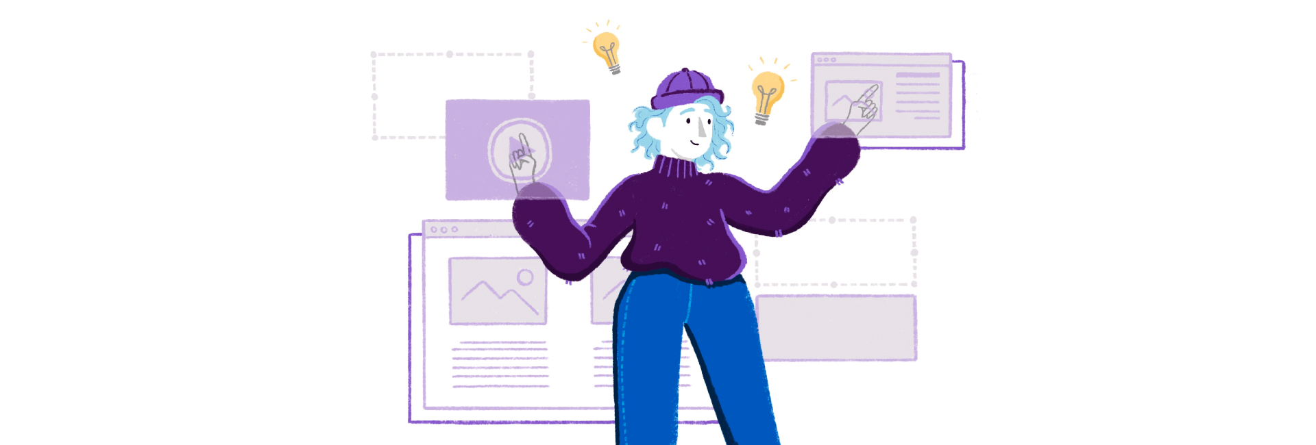 Illustration of person touching floating screens