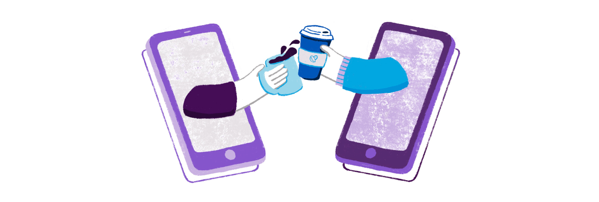 Illustration of arms reaching out of smartphones to clink coffees