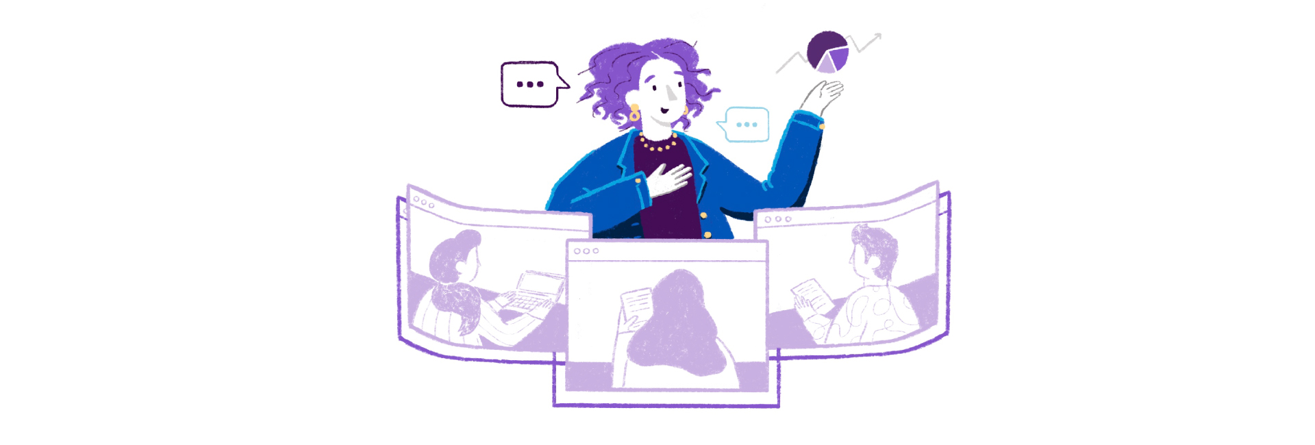 Illustration of woman talking about graph to people on screens