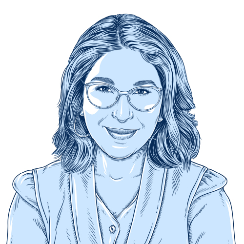 An illustration of Naomi Klein in blue