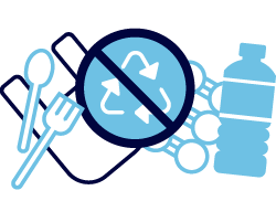 Illustration of single use plastics with a recycling symbol crossed out