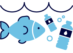 Illustration of fish swimming among bottles