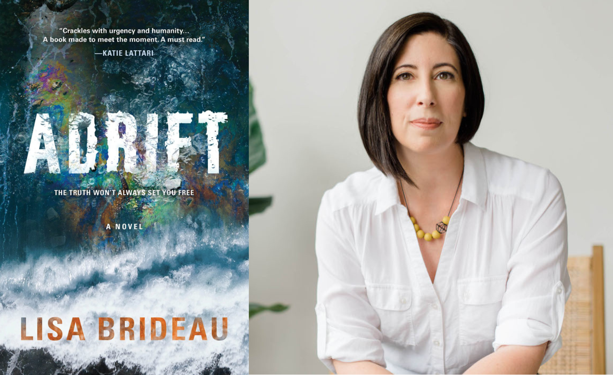 Author Lisa Brideau beside her debut novel Adrift