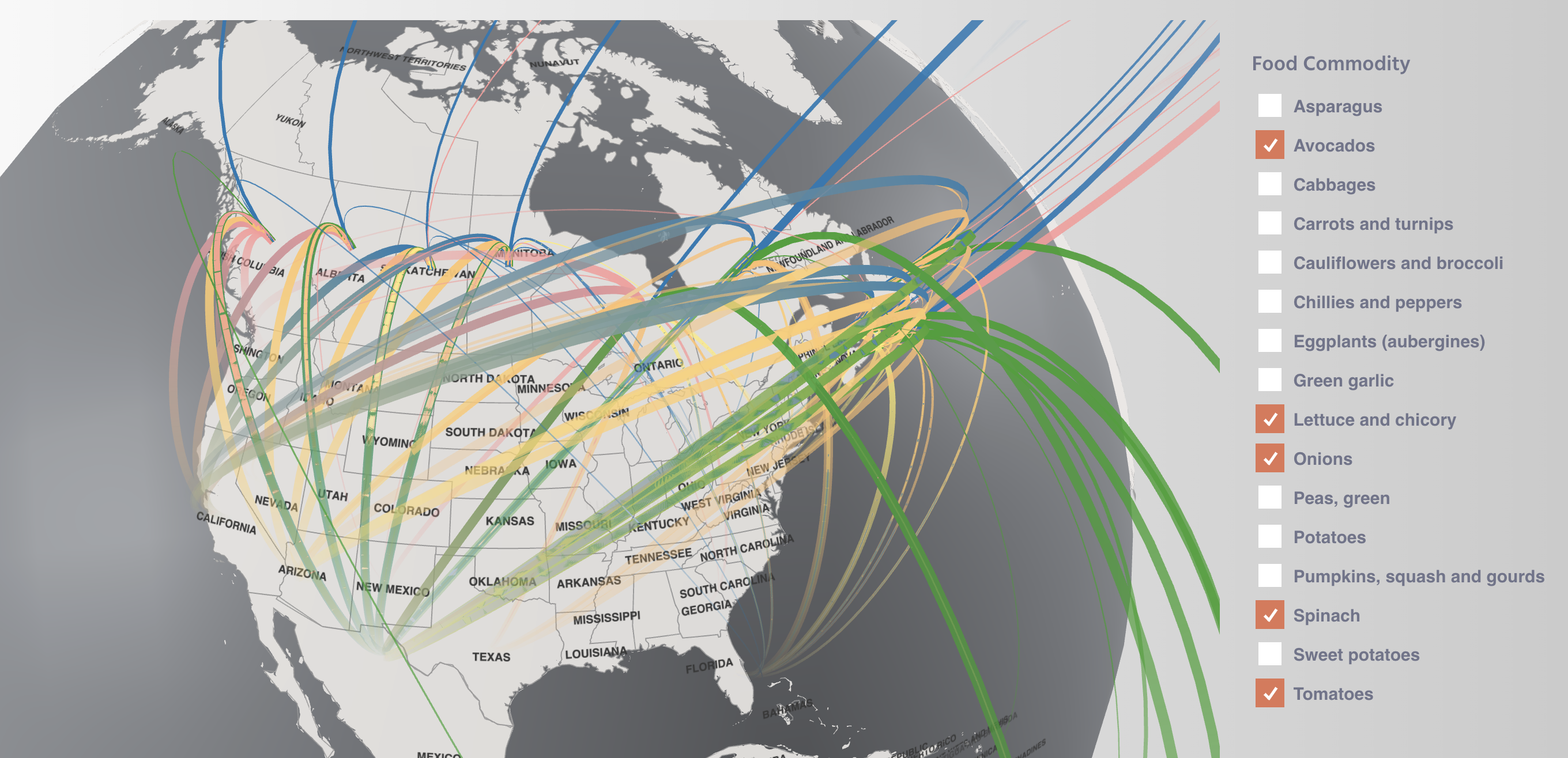 North American map showing fruit and vegetable import routes 