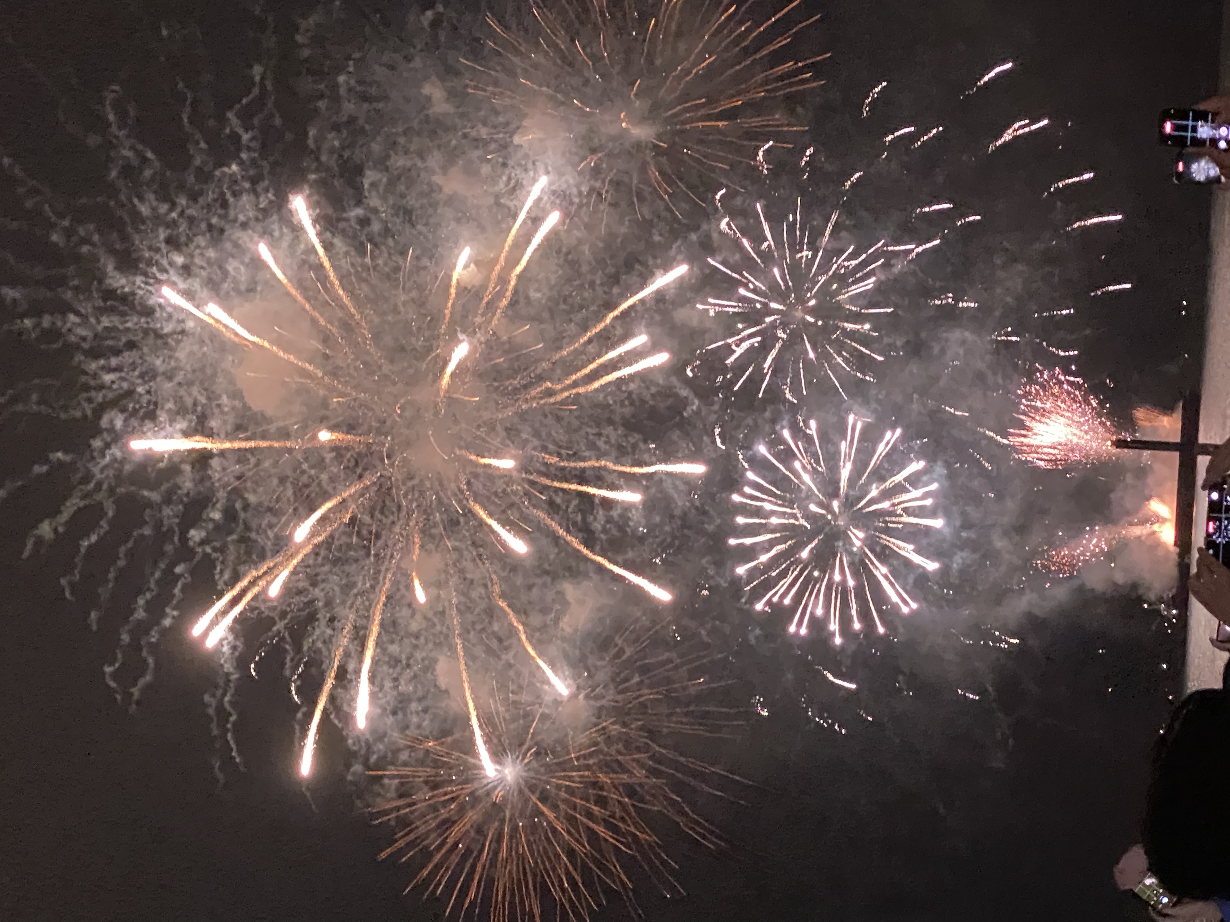 A picture of orange, white, and pink fireworks