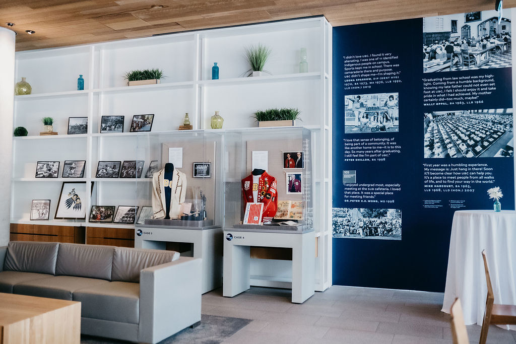 Photos and jackets on shelves and in display cases