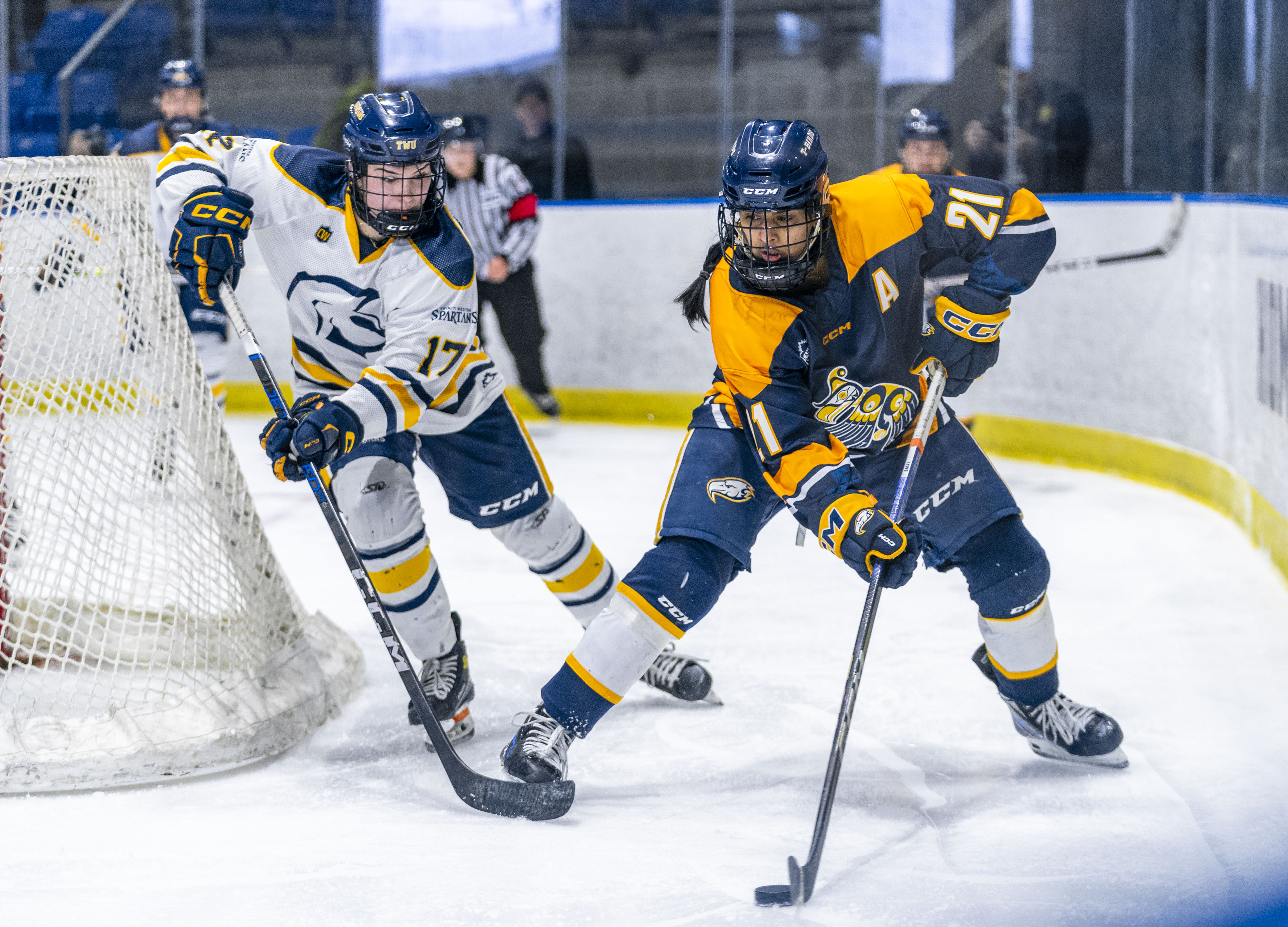 Women hockey players battle for puck on ice