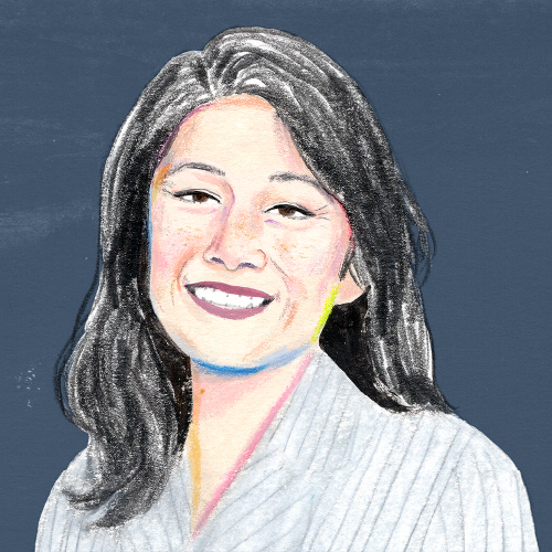 An illustration of Naoko Ellis in oil pastel with a grey background