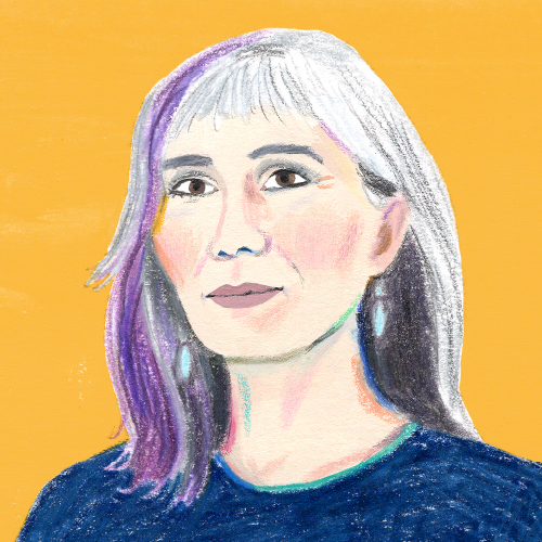 An illustration of Terri-Lynn Williams-Davidson in oil pastel with an orange background