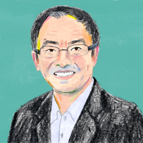 An illustration of Xiatao (Tony) Bi in oil pastel with a turquoise background