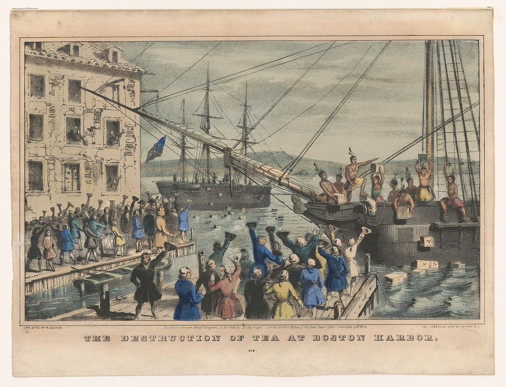 A lithograph depicting American colonists dumping chests of East India Company tea into Boston Harbor to protest a tax placed upon tea