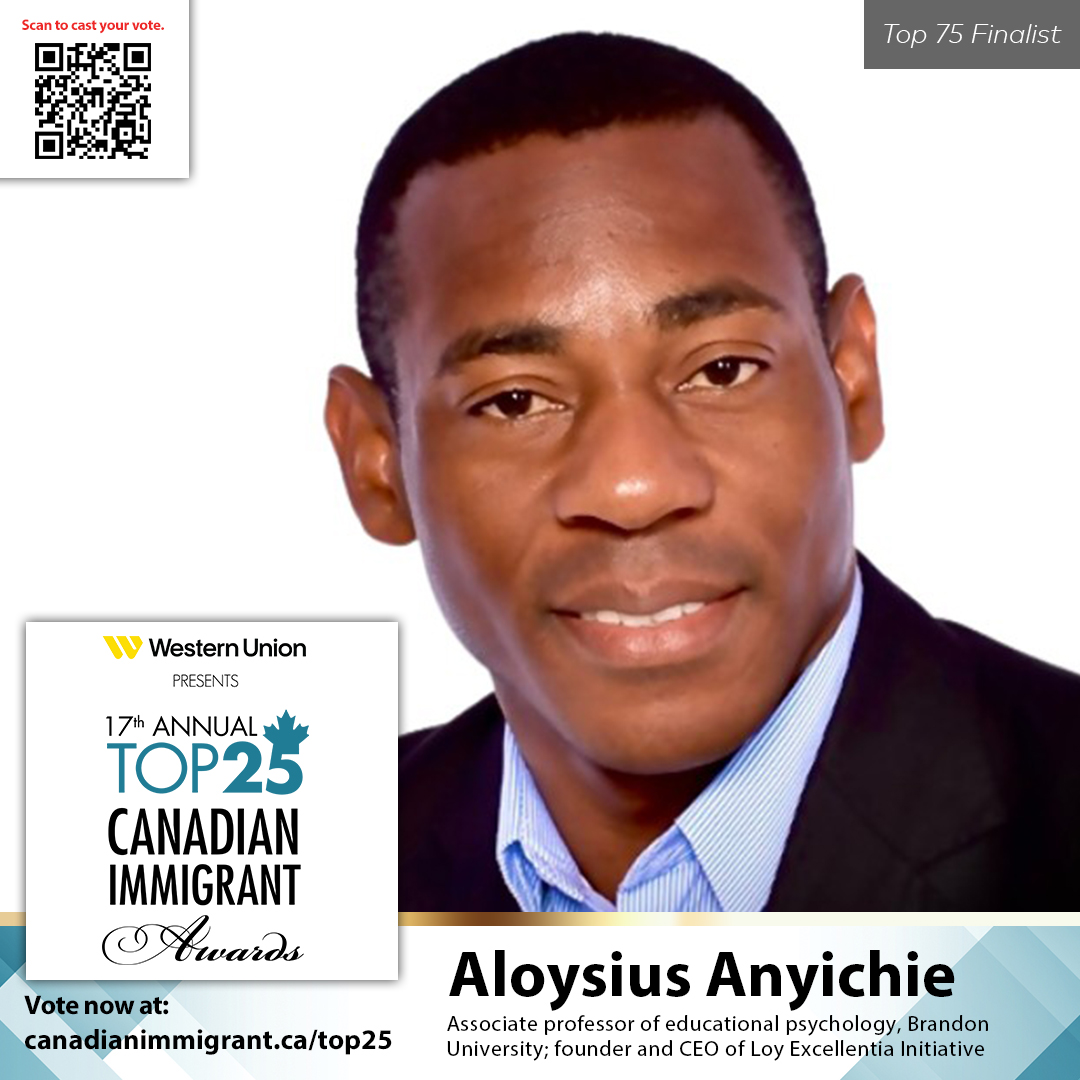 A photo of Aloy Anyichie with the words "Top 75 Finalist" and a QR code