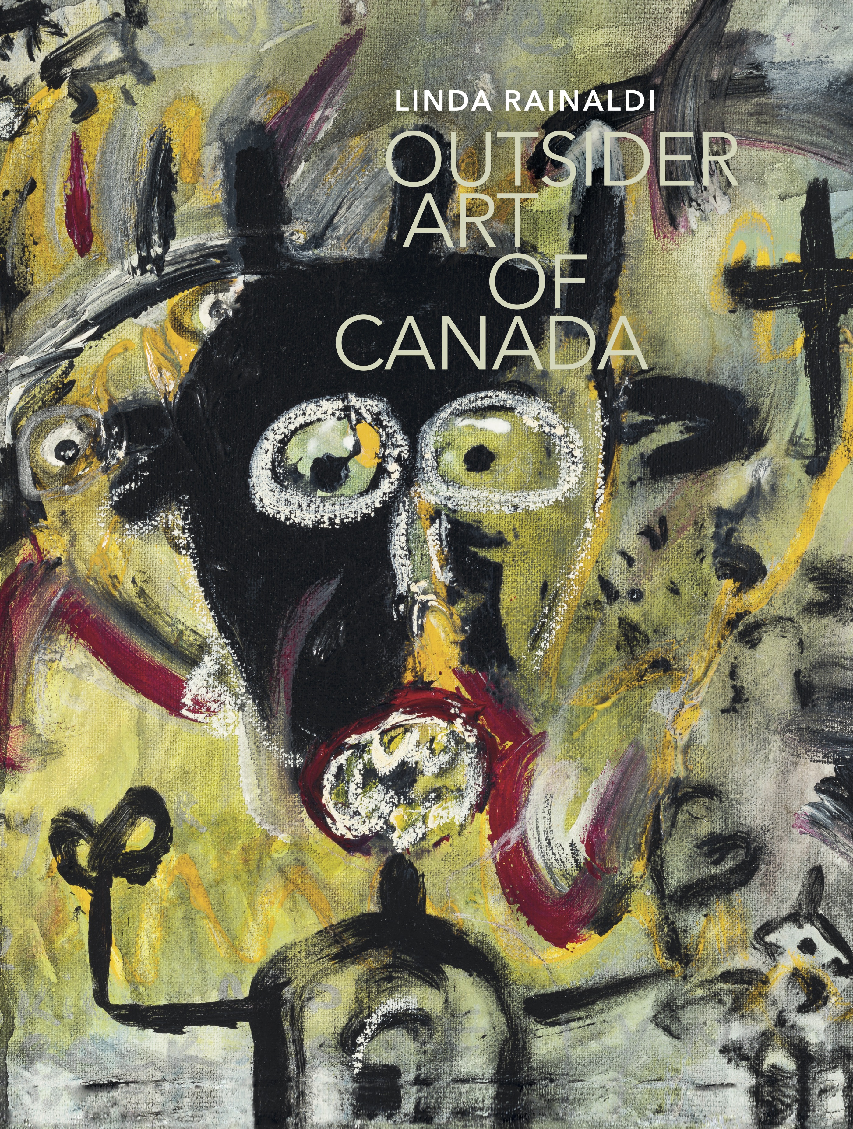 A book cover depicting a figure painted in black on an abstract yellow background, with the title Outsider Art of Canada.