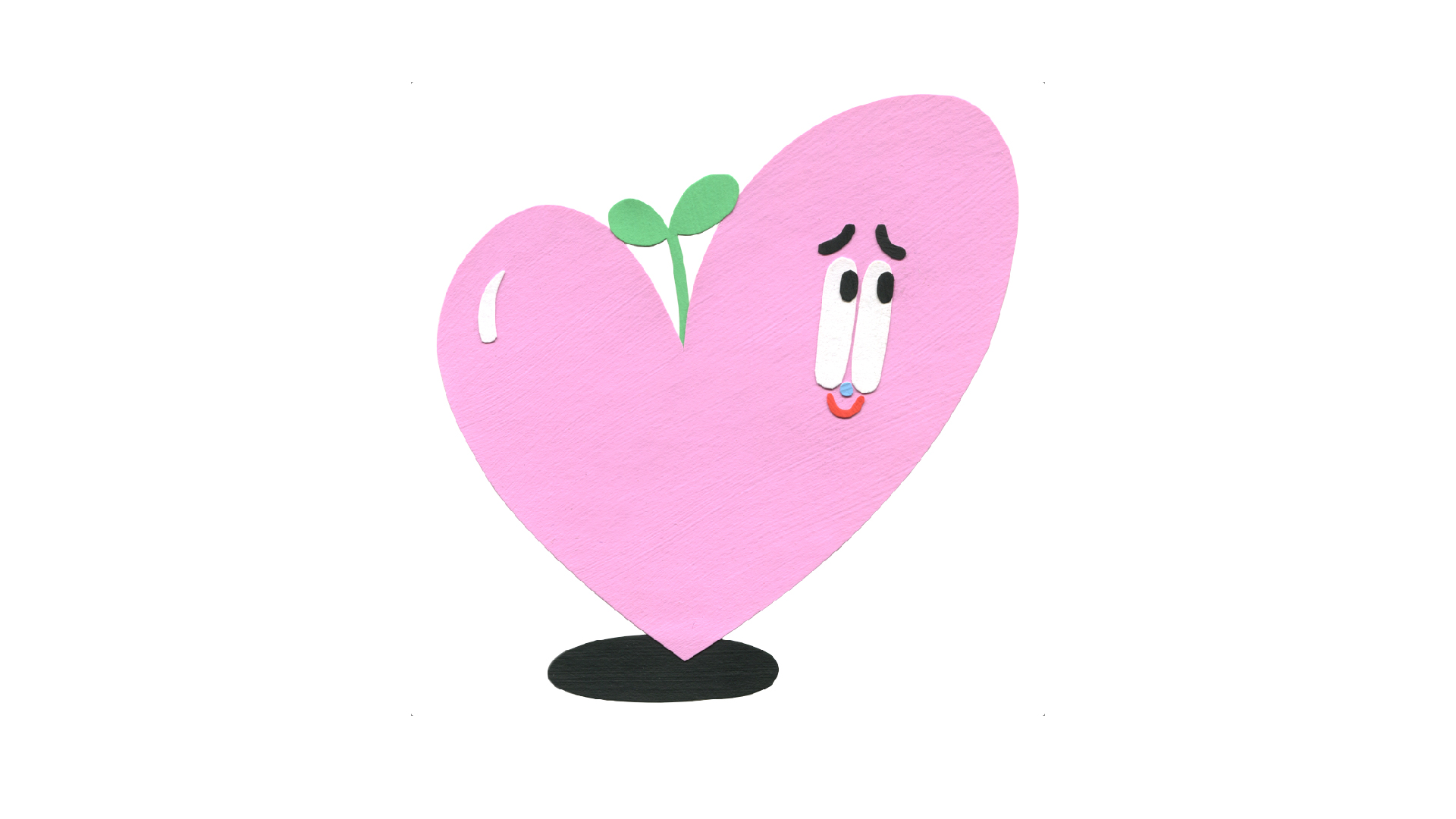 A drawing of pink heart, smiling, with a flower growing from its body.