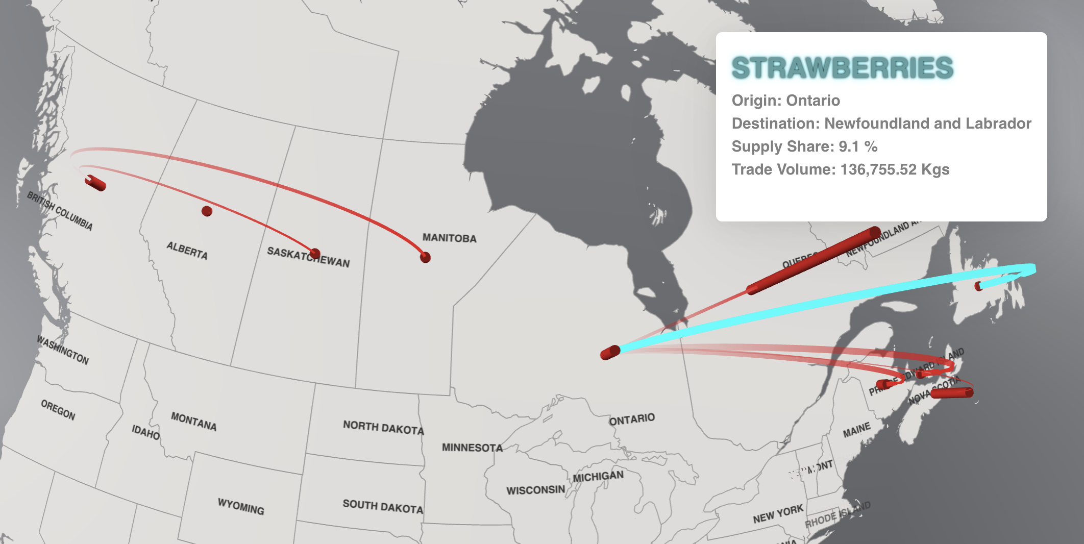 Map showing interprovincial trade of strawberries