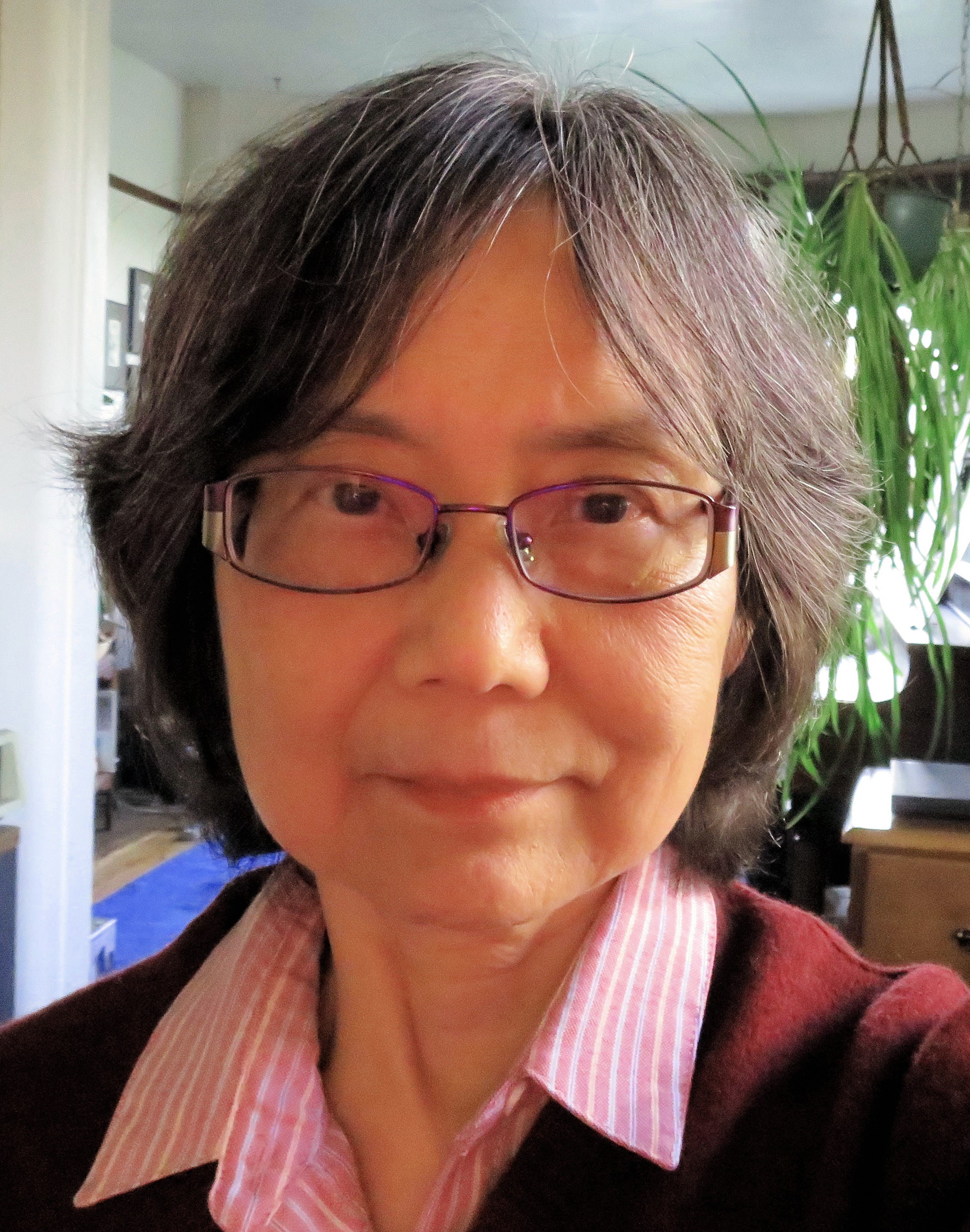 A portrait of Lena Tan, who has short greying black hair and wears black rectangular glasses and a striped pink collar shirt.