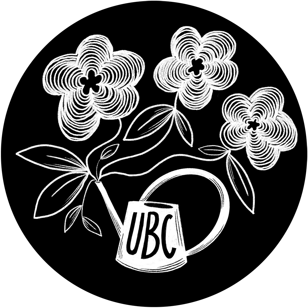 A black and white illustration of flowers growing out of a gardening can that says UBC on it.
