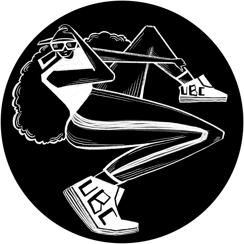 A black and white illustration of woman dancing with UBC sneakers.