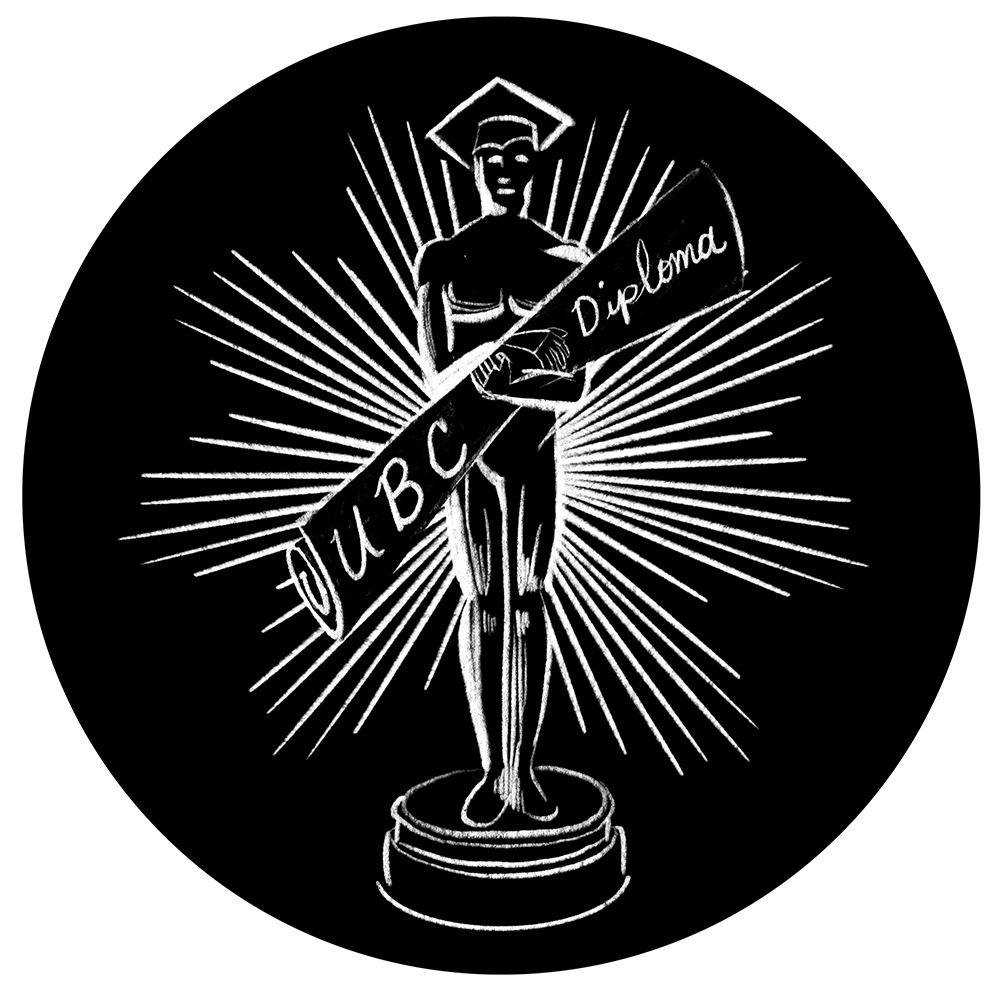 A black and white illustration of a trophy statue holding a UBC diploma.