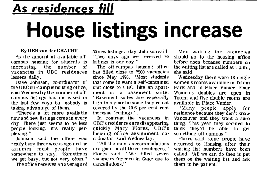 Ubyssey news article about UBC housing (1976)