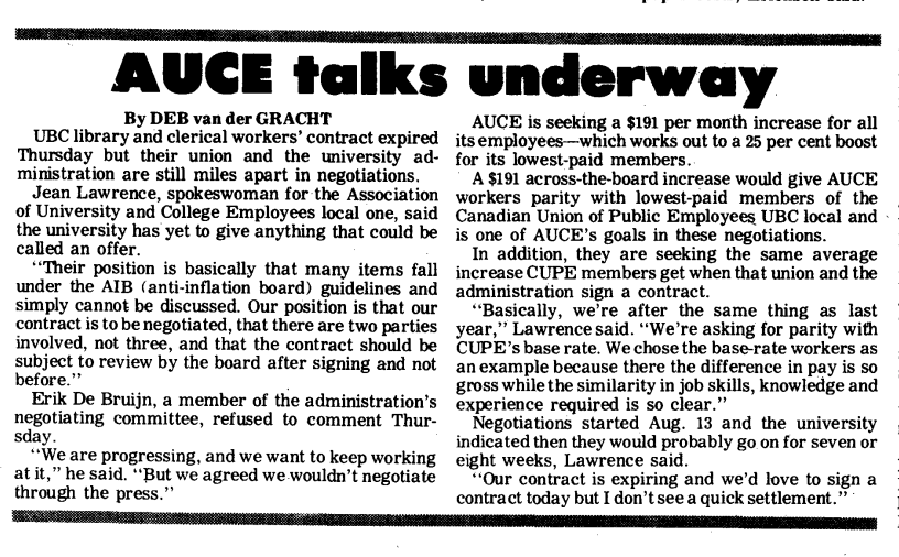 Ubyssey article (1976) about library and clerical union talks with UBCs