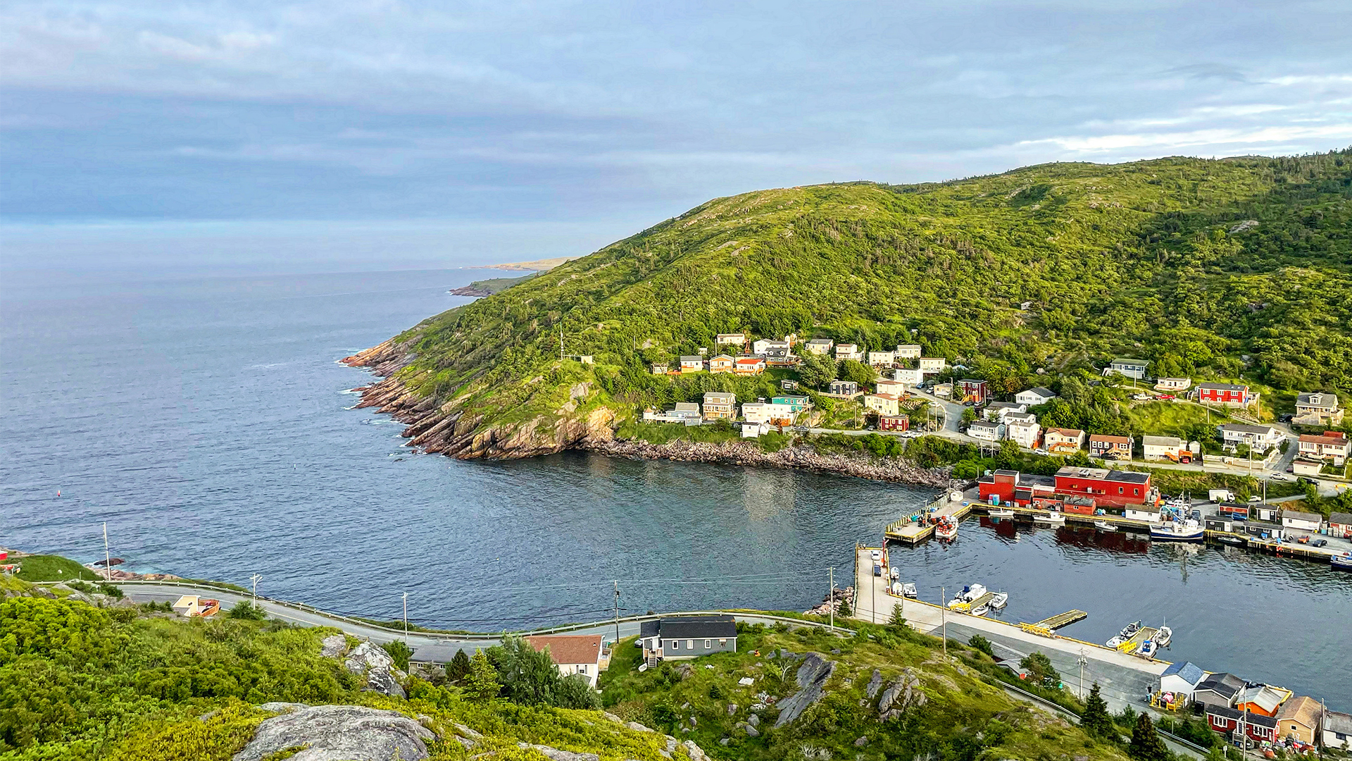 A wide-angle shot of St. John's Petty Harbour with views of water, hills, and homes