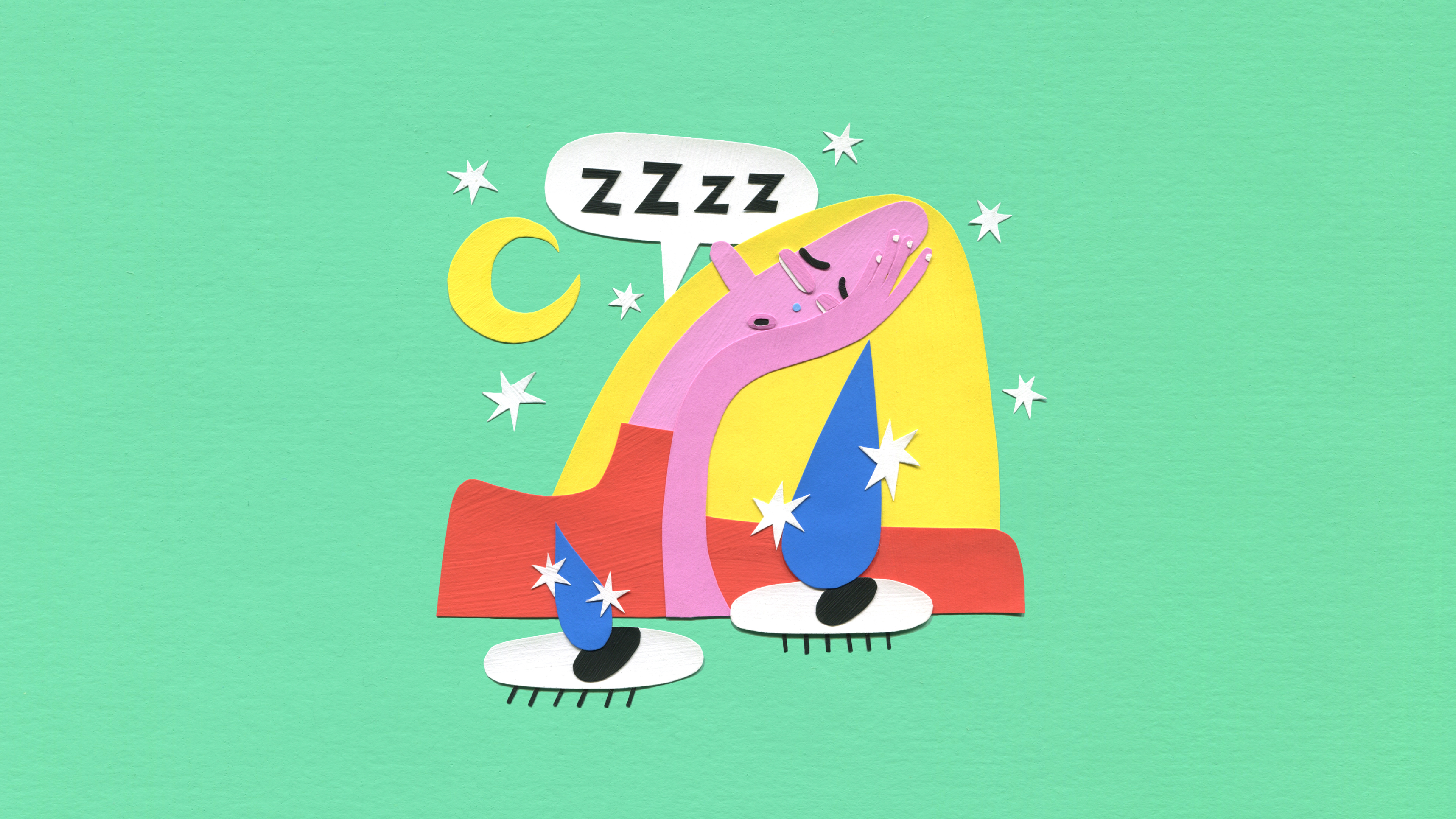 A colourful drawing of a person sleeping, with drops falling into a pair of eyes below the person.