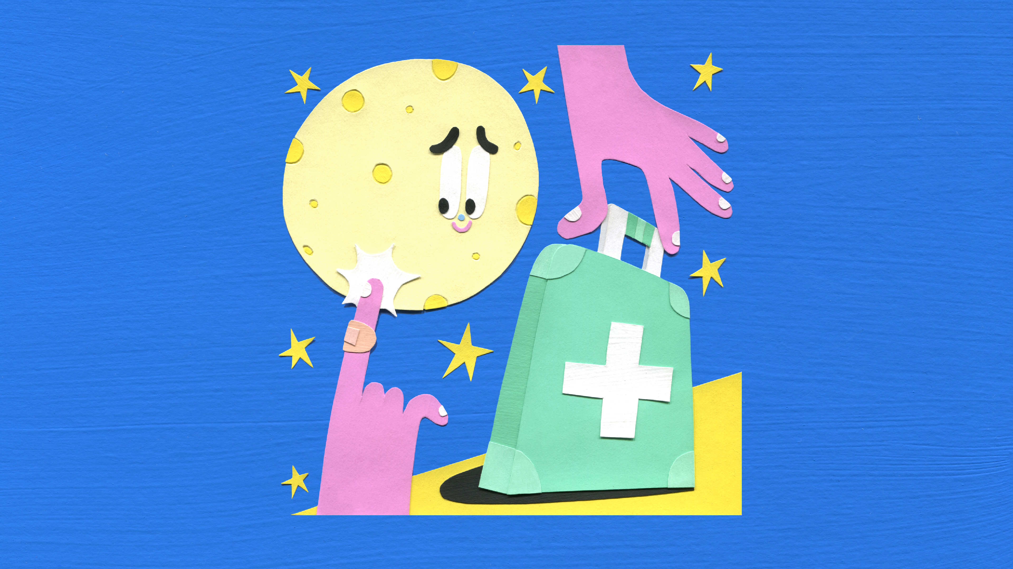 A drawing of two hands, one holding a first aid kit, the other touching the moon.
