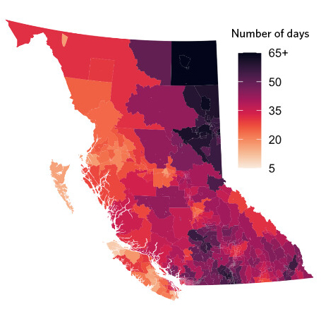 A map of BC showing the number of days of exposure to smoke and extreme heat, with the most severe cases in the Interior and Northeast of BC