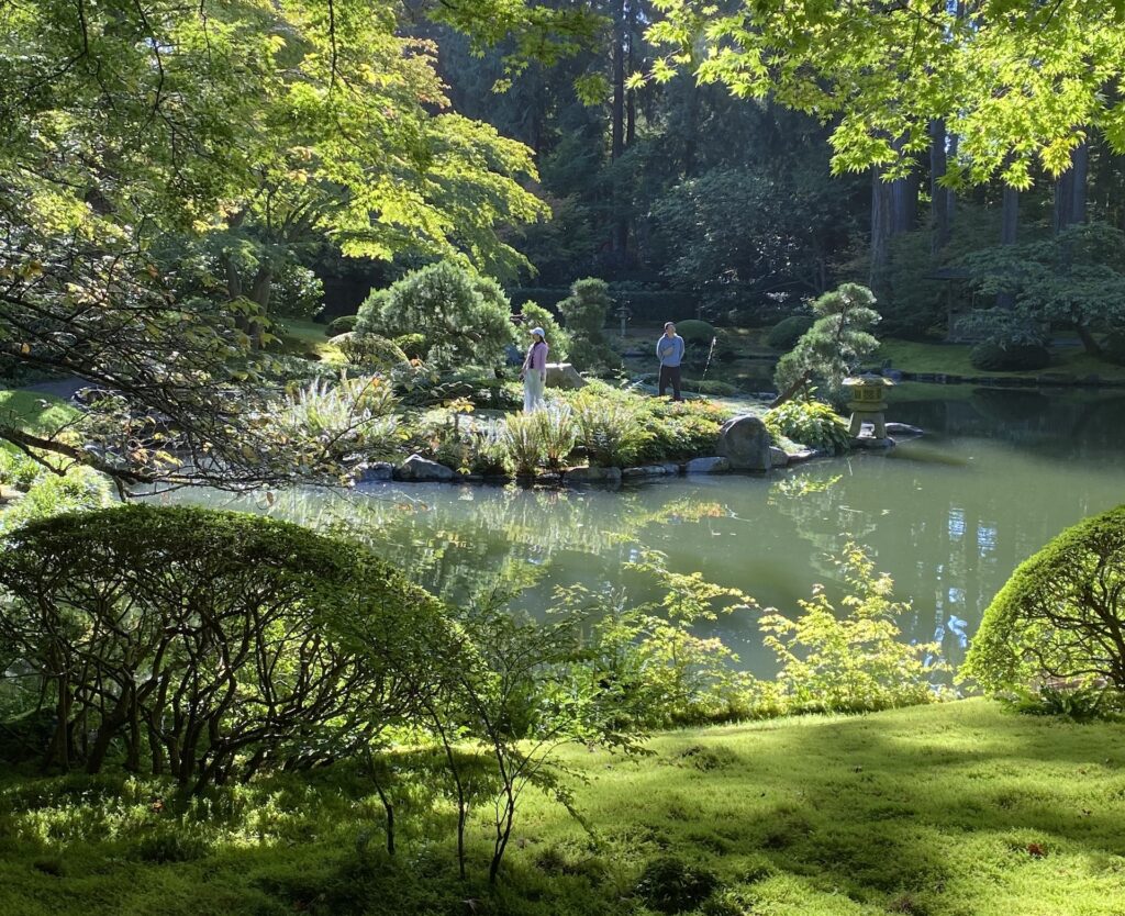 Two people walking in a Japanese garden by a pond