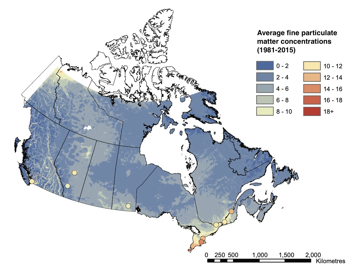 Map of fine particulate matter concentrations across Canada
