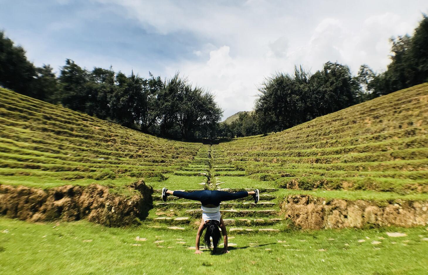 Samantha Bangayan doing a handstand at Bosque Dorado (Golden Forest) just outside of Huancayo