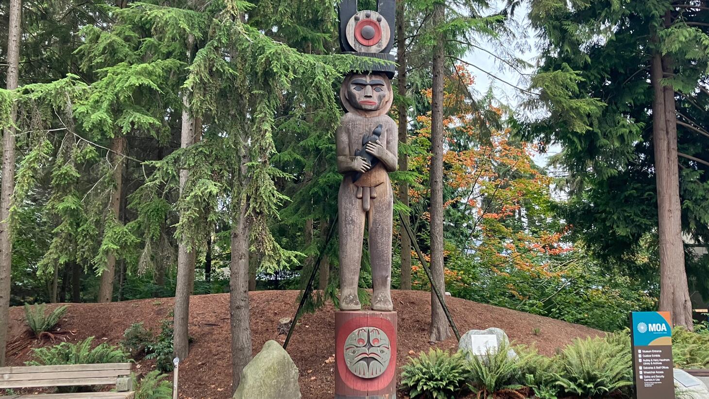 The wooden welcome figure stands among the trees outside MOA. It depicts a naked man holding a fisher standing on a pedestal with a face carved in it.