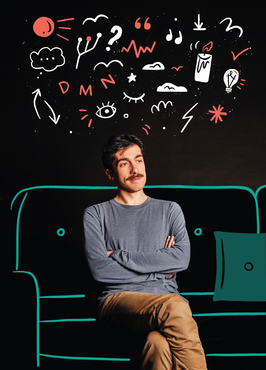 Master's student Andre Zamani sitting down, with daydream-themed illustrations above hie head