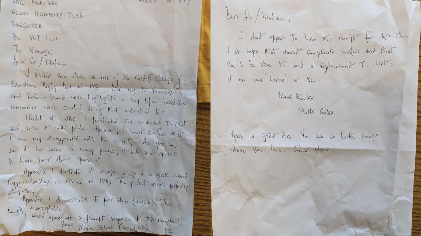 Handwritten letter to UBC Bookstore from rugby player about UBC t-shirt