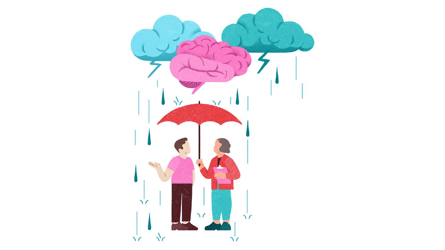 Illustration of brains depicted as clouds causing a storm, raining down on two people who are standing under an umbrella 