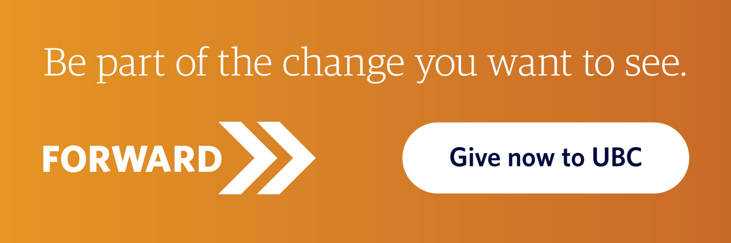 Orange banner promoting for FORWARD, the campaign for UBC, with a "Give now to UBC" button