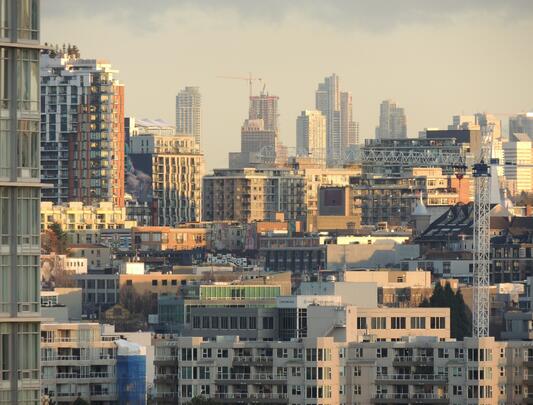 Wide-angle shot of apartment buildings under construction
