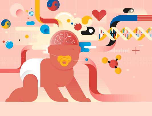 Illustration of a baby crawling, with symbols representing DNA and genes by the baby's brain
