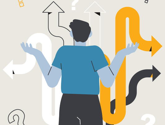 Illustration of the back of a person with arms in a shrug position and arrows and question marks in the background