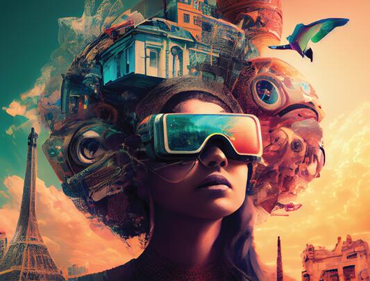 AI image of woman wearing VR goggles with images swirling around head