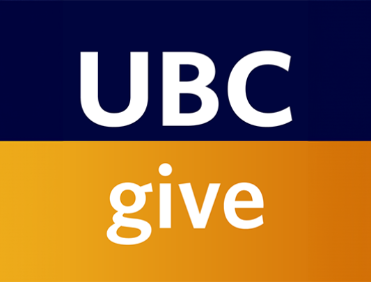 LOGO FOR GIVE UBC PODCAST CONSISTING OF A "UBC GIVE" OVERLAID ON A BOX WITH NAVY BLUE BACKGROUND IN TOP HALF AND GOLD BACKGROUND IN BOTTOM HALF