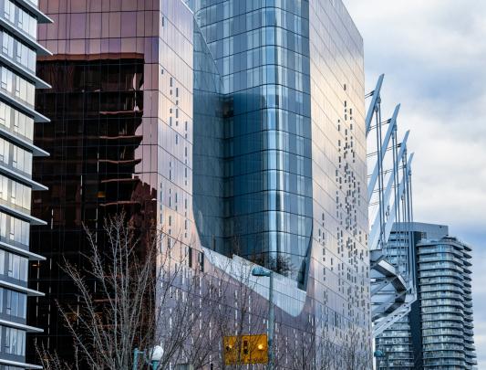 Tinted glass of condo buildings in Vancouver