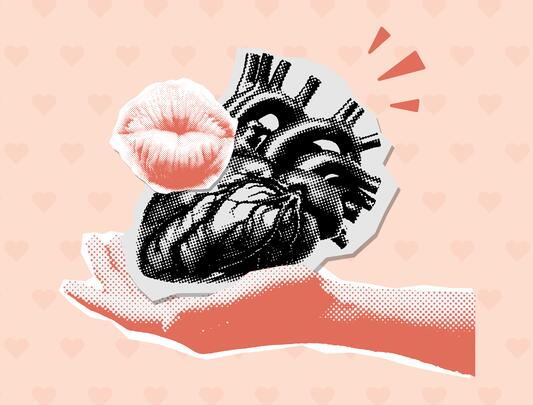Mixed media image with a hand stretched outward holding a black-and-white illustration of heart, with lips overlaid