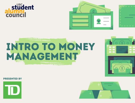 Green finance-related graphics, such as a wallet and a cheque book, surround the words: Intro to Money Management.
