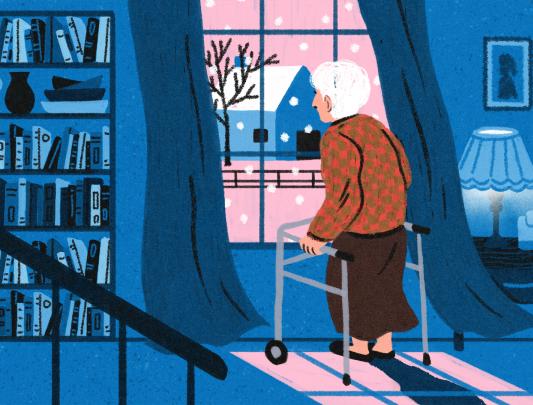 An illustration of an elderly woman with short white hair and a walker looking outside her window at the falling snow.