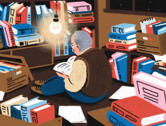 An illustration of a man with grey hair sitting in a room at night, surrounded by piles and boxes of books.