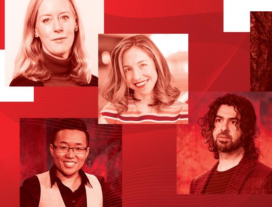 Collage of speakers' faces in TED Talk red