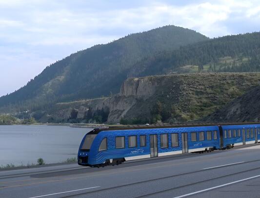 Conceptual illustration of a tram running alongside a lake